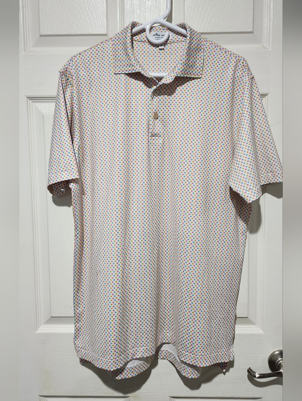 Peter Millar White Polo with Multicolor Dot Print Size Medium